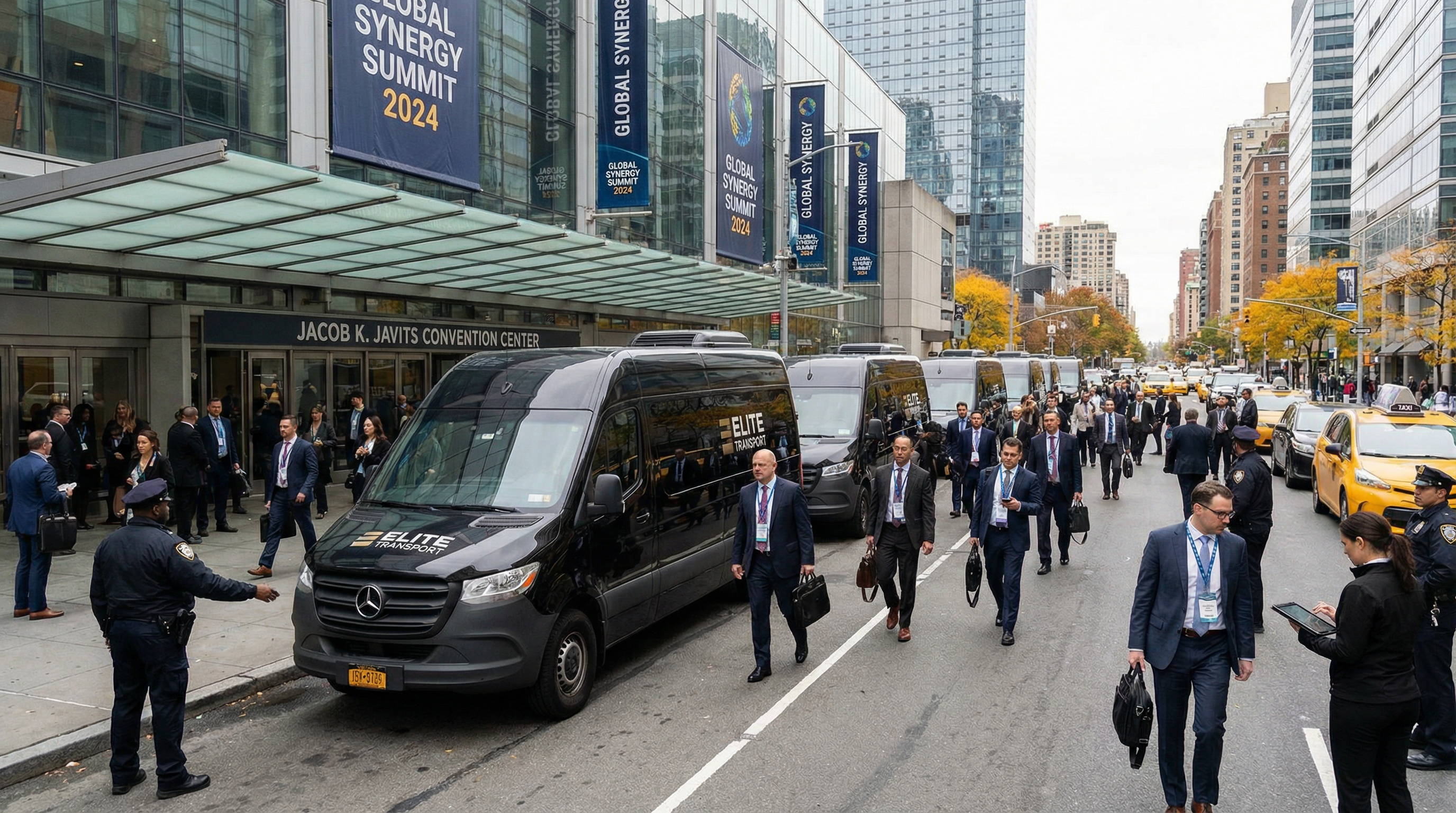 Sprinter vans arriving at convention center