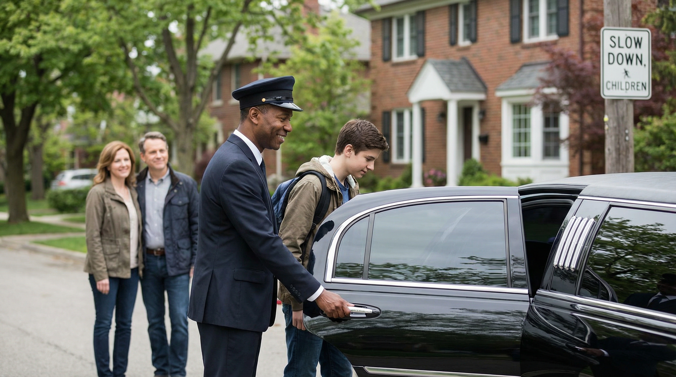 Chauffeur opening door for teens while parents watch