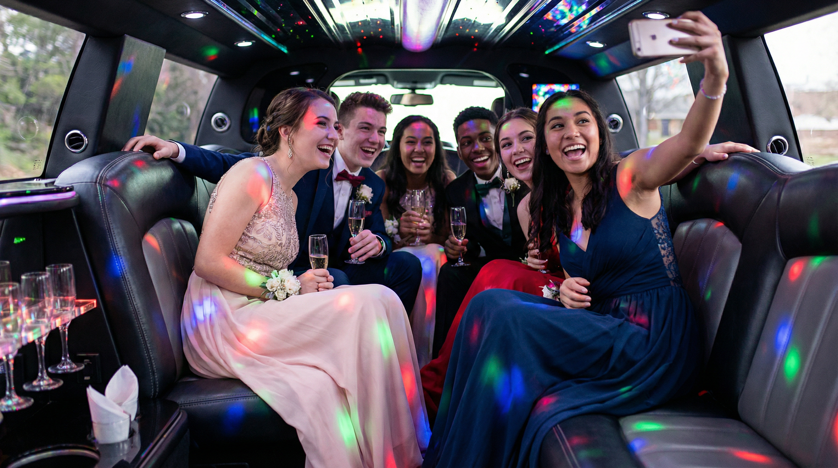 Teens taking selfie in limo