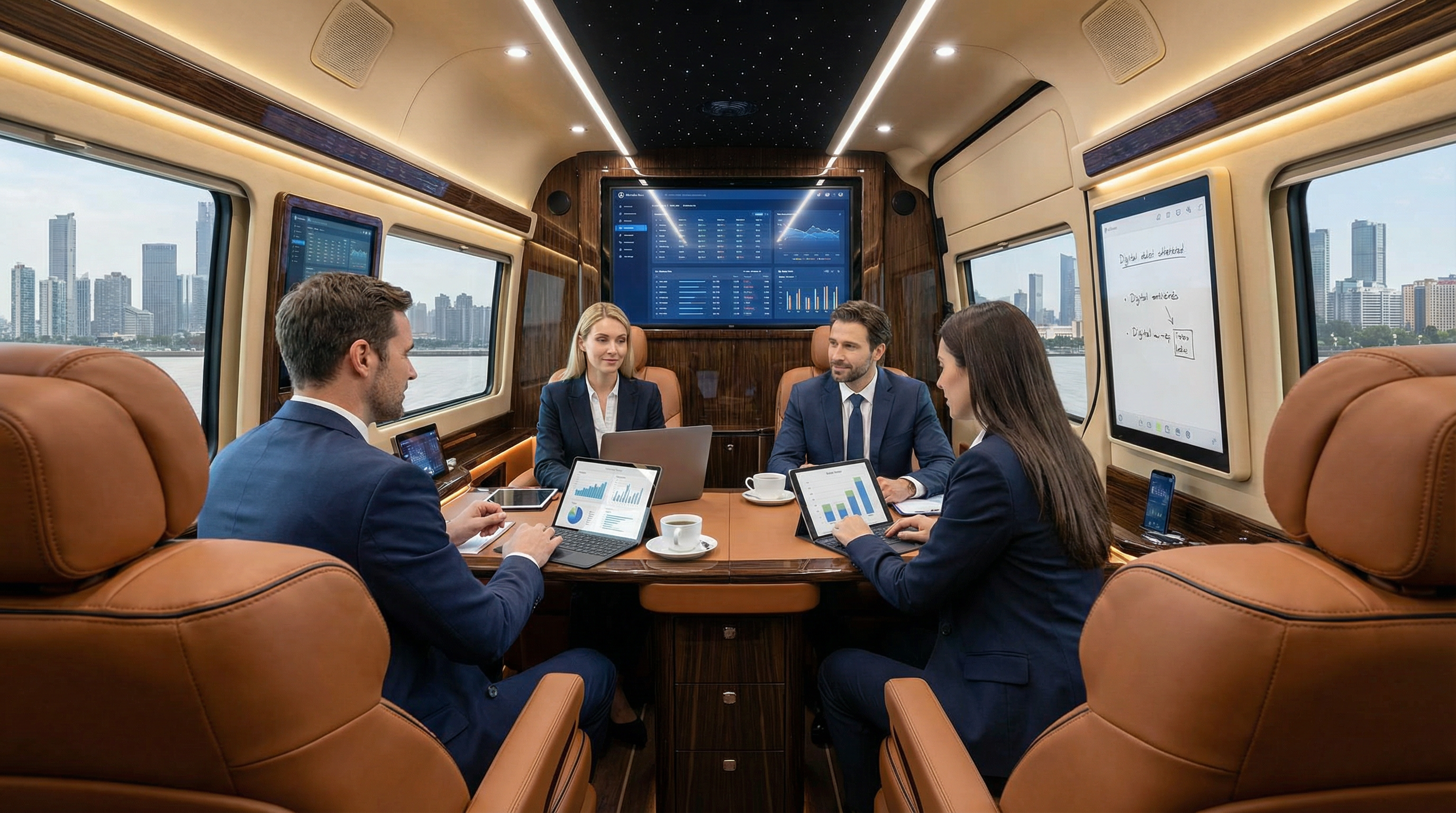 Business meeting inside a luxury Sprinter van